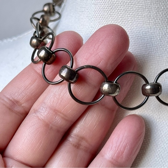 Silver Tone Stamped 925 16" Link Choker Necklace Circles & Silver Beads - Picture 4 of 10